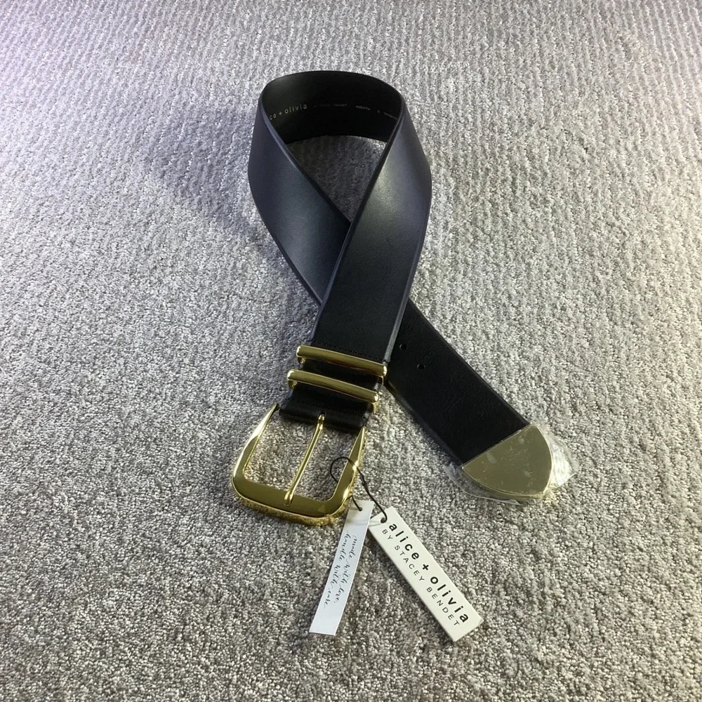 Alice + Olivia Black Leather Wide Belt Gold Buckle Tip Made in Italy Size M NWT